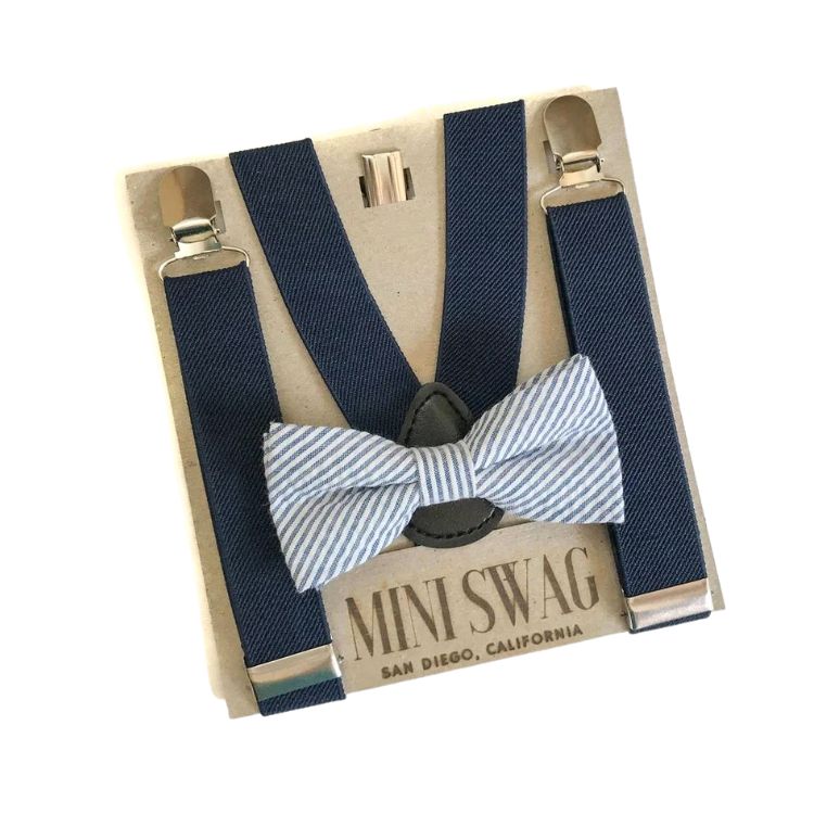 Bow Tie & Suspenders Set - Navy Blue Seersucker