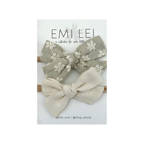Nylon Stretchy Bow Headband Set - Embroidered Sage Floral & Ivory